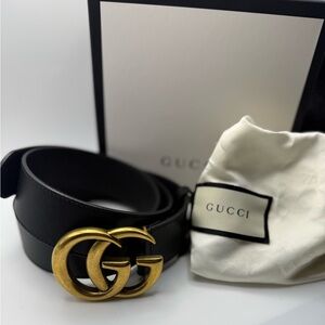Gucci Double G Black Belt with Gold GG Marmont Buckle